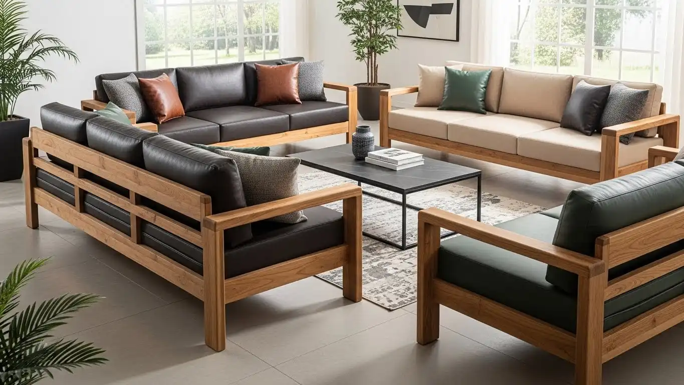 Wooden Sofa Sets With Fabric or Leather Cushions